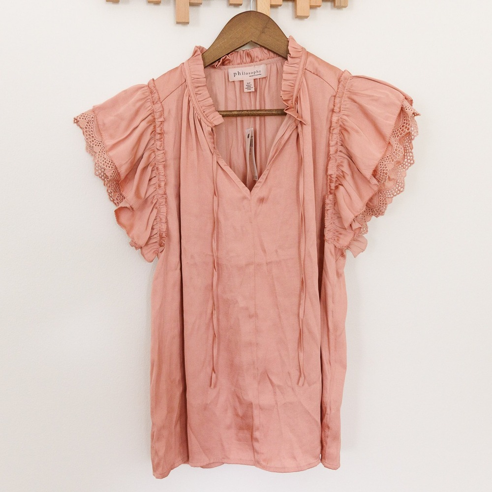 Philosophy Republic Clothing Pink Ruffle Flutter Sleeve Crochet Lace Blouse S